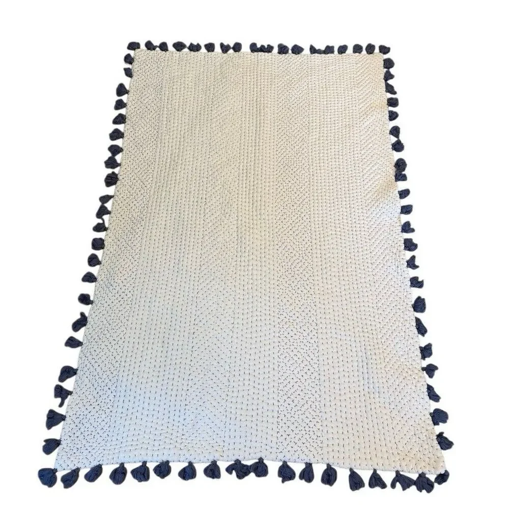 John Robshaw Throw Blue and White Hand Stitched Quilted Tassels